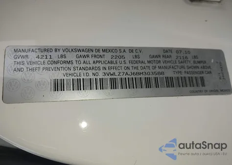 2011 Volkswagen Jetta 2.5L Sel z USA, uszkodzony, nr VIN 3VWLZ7AJ6BM303588